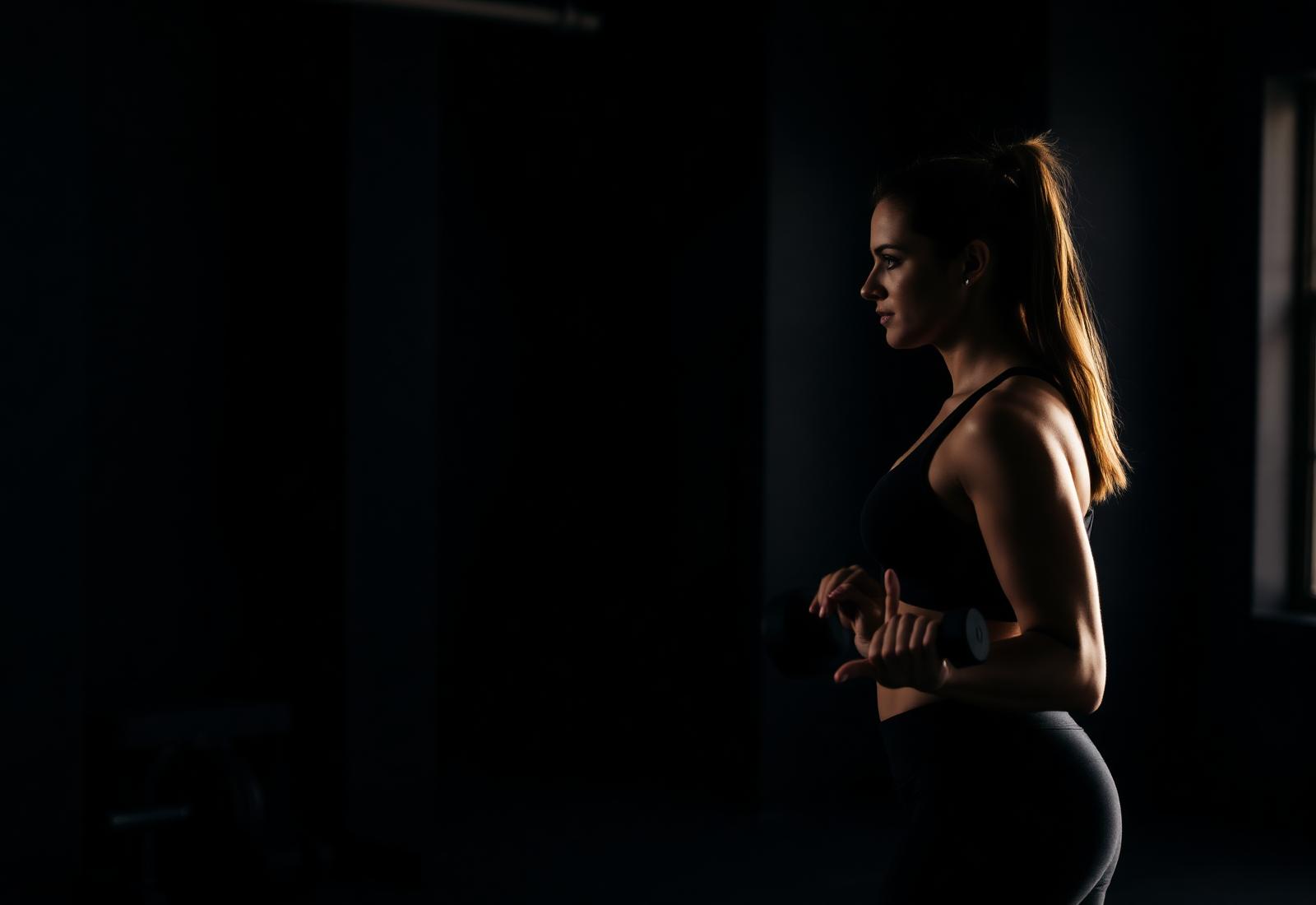 A woman training with a dumbbell in a dimly lit gym